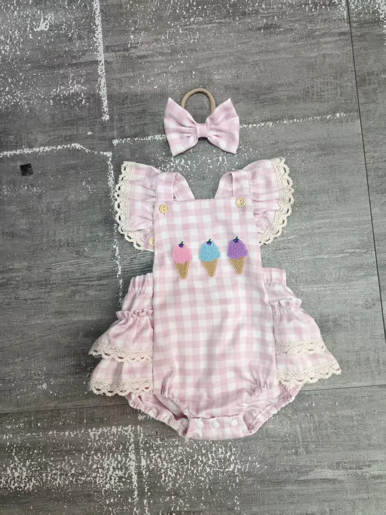 Baby Girl Plaid Romper Lace Trim Ice Cream Embroidery Square Neck Fly Sleeve Infant Bodysuits Jumpsuits with Headband