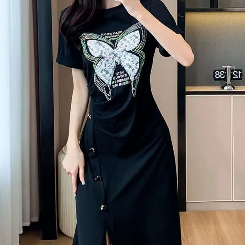 Women\'s Summer Pullover Round Neck Butterfly Letter Printing Button Asymmetrical Short Sleeves Flattering Knee Skirts Dresses