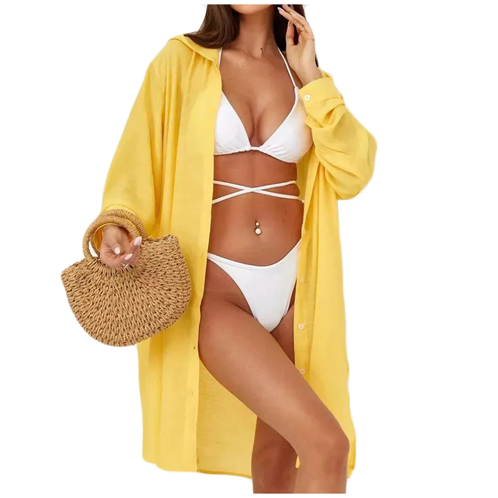 Stylish Long Sleeved Beachwear Womens Solid Color Beach Sunscreen Vocation Pool Party Clothing Female Bikini Cardigan Cover Up