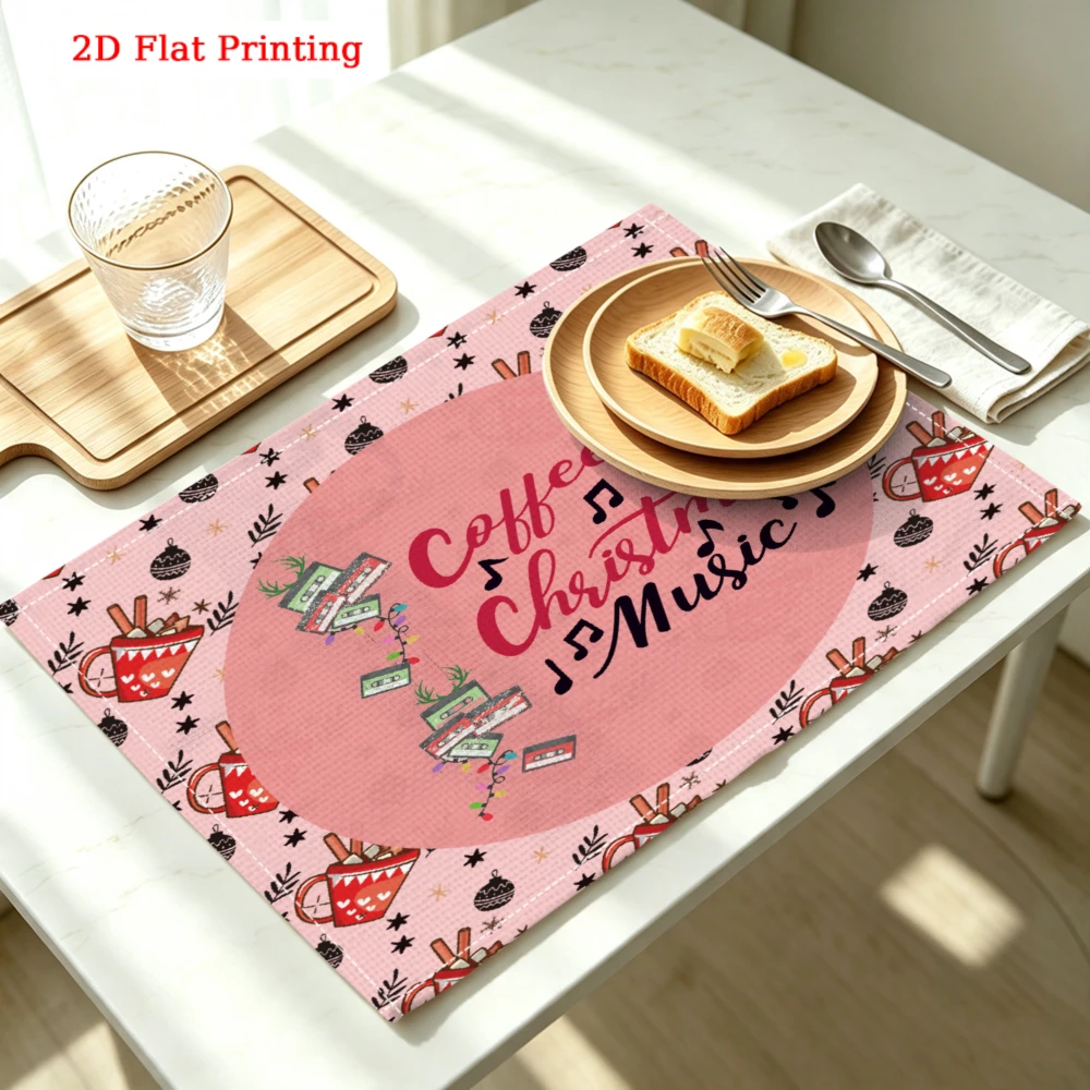 1pc Christmas Style Placemat Pink Coffee Christmas Music Print Table Mat For Dining Kitchen Home Decor Use 30x40cm Cover