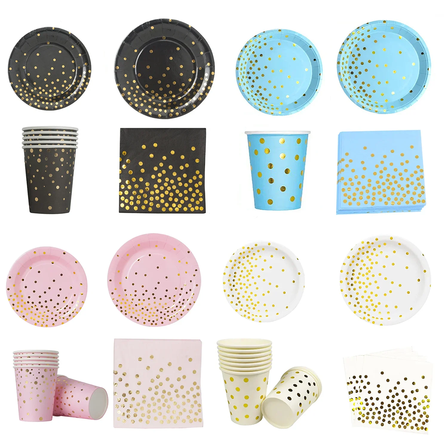 Schwarz Rosa Blau Gold Polka Dots Partydekorationen Geschirr Pappteller Tassen Servietten Geburtstag Partyzubehör