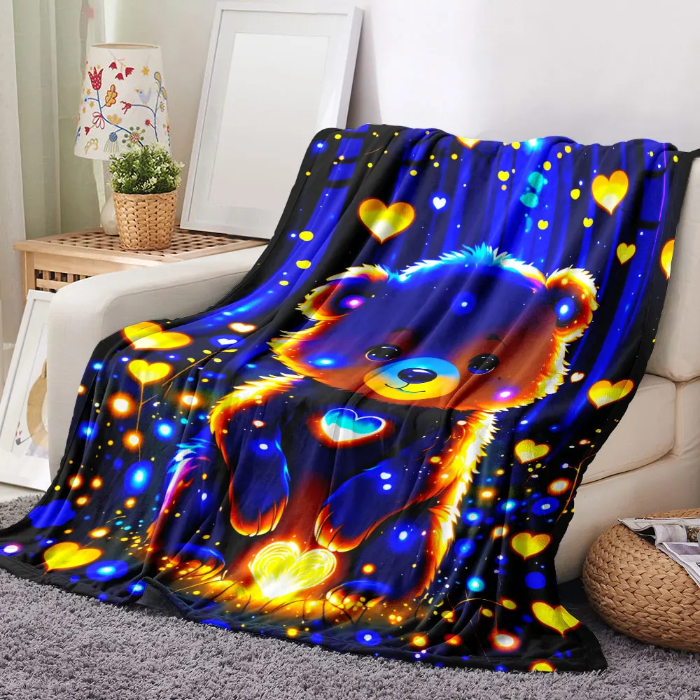 Enchanted Forest Glowing Teddy Bear Blanket - Dark Blue Forest with Purple & Blue Furry Bear, Orange Highlights, Glowing Hearts,