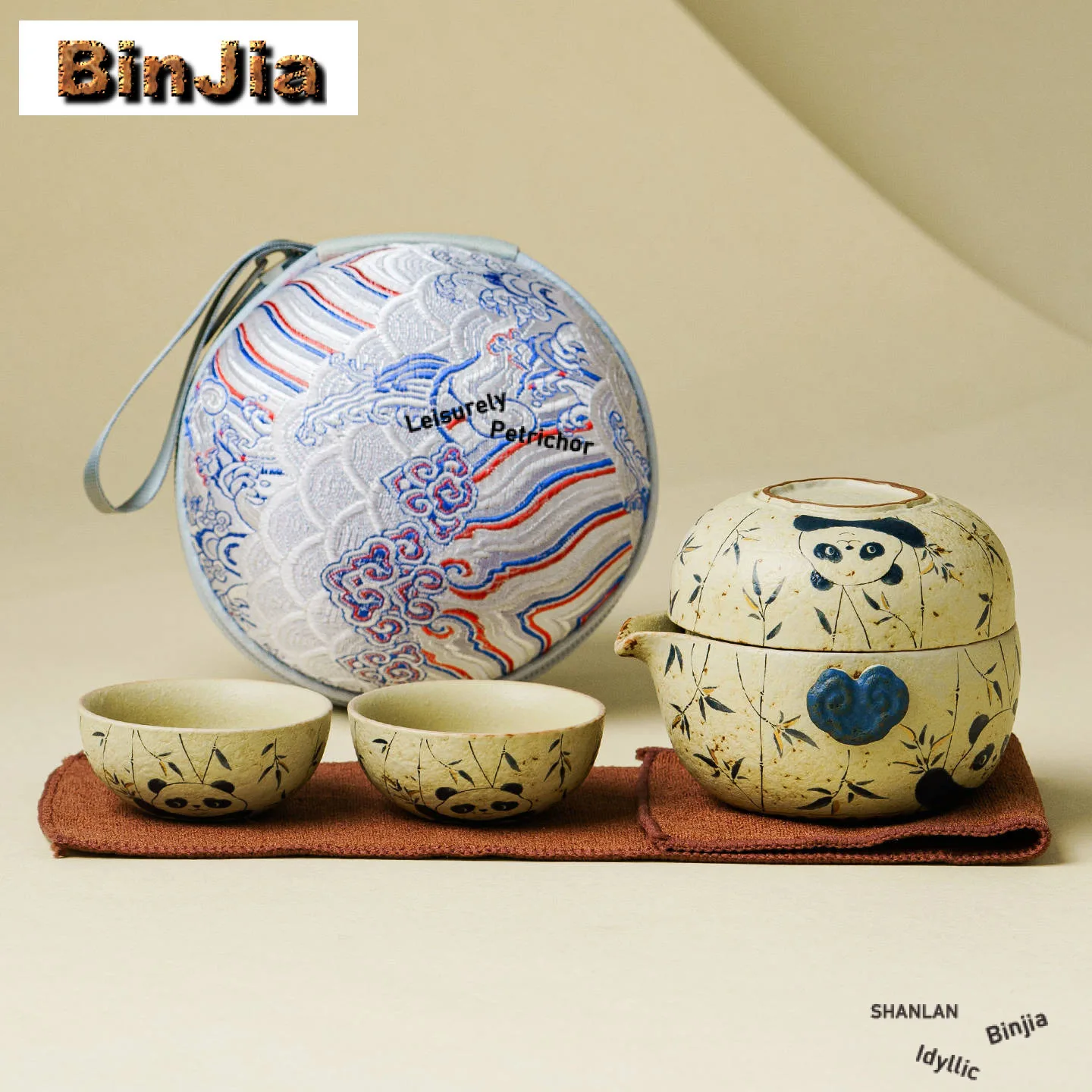 

Hand Painted Panda Travel Tea Set Kit Antique 1 Pot 3 Cups Tea Maker Organizer Portable Picnic Handbag Accessories Ornaments