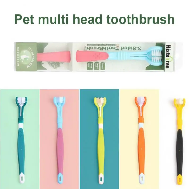 Multi-angle Cat Toothbrush Stain Removal Stone Removal Plastic Polychromatic Three Sided Pet Toothbrush Three-head Toothbrush