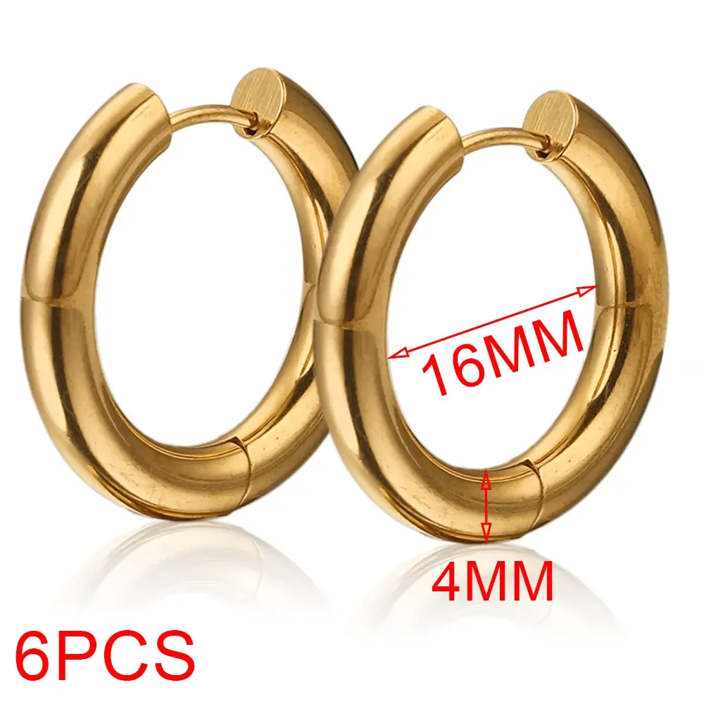 6 stücke Edelstahl 4mm Dicke Ohrringe Vergoldet Große Runde Koreanische Ohr Ringe Hoop Ohrring für Frauen Weibliche schmuck Luxus
