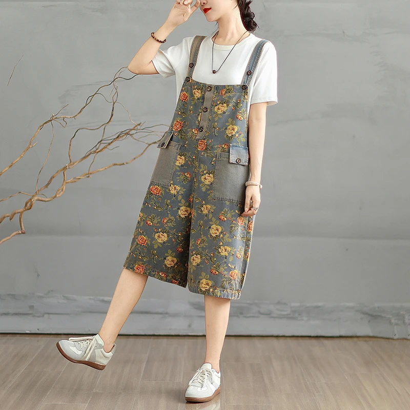 Calças Curtas de Denim Soltas de Verão para Mulheres, Crimento Sete Quartos, Alta Cintura, Estilo Patchwork