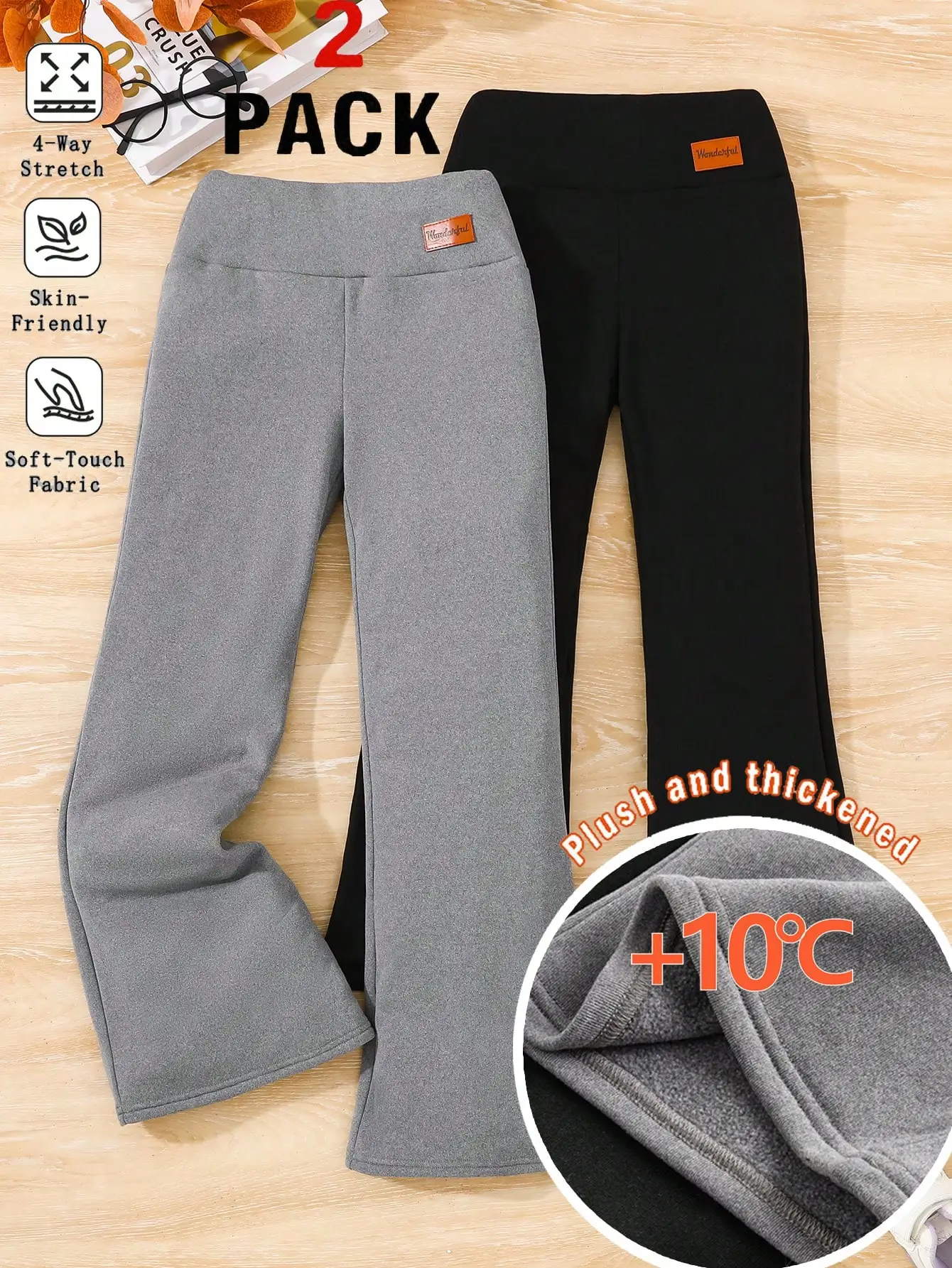 

Комплект из 2-х расклешенных брюк для девочек - с мягкой плюшевой подкладкой, эластичные в 4 направлениях, теплые для осени и зимы