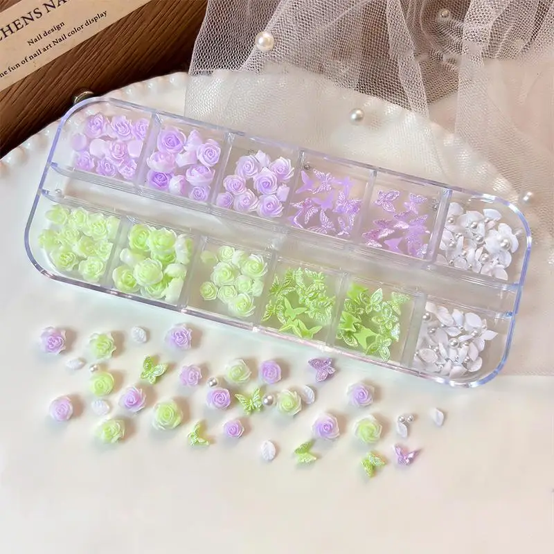 Acrylic Gel Nail Art Decoration Kit 3D Resin Flower Beads 6 12 Grids for Creative DIY Nail Design