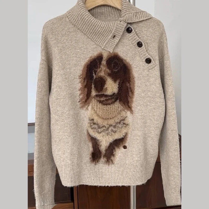

Cute Puppy Pattern Women's Sweater Irregular Collar Button Knitted Pullovers 2025 New Autumn Winter Casual Loose Female Sweaters