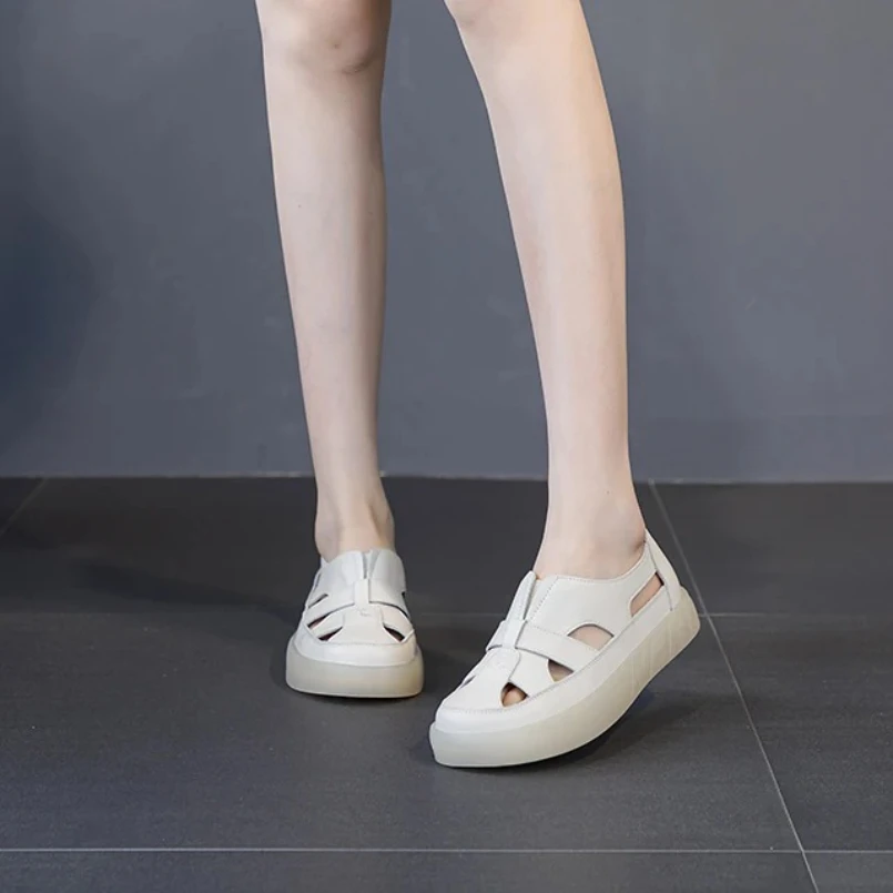 

2025 модные летние женские лоферы из коровьей кожи, универсальные кроссовки, женские повседневные белые сандалии без шнуровки на плоской подошве с вырезом