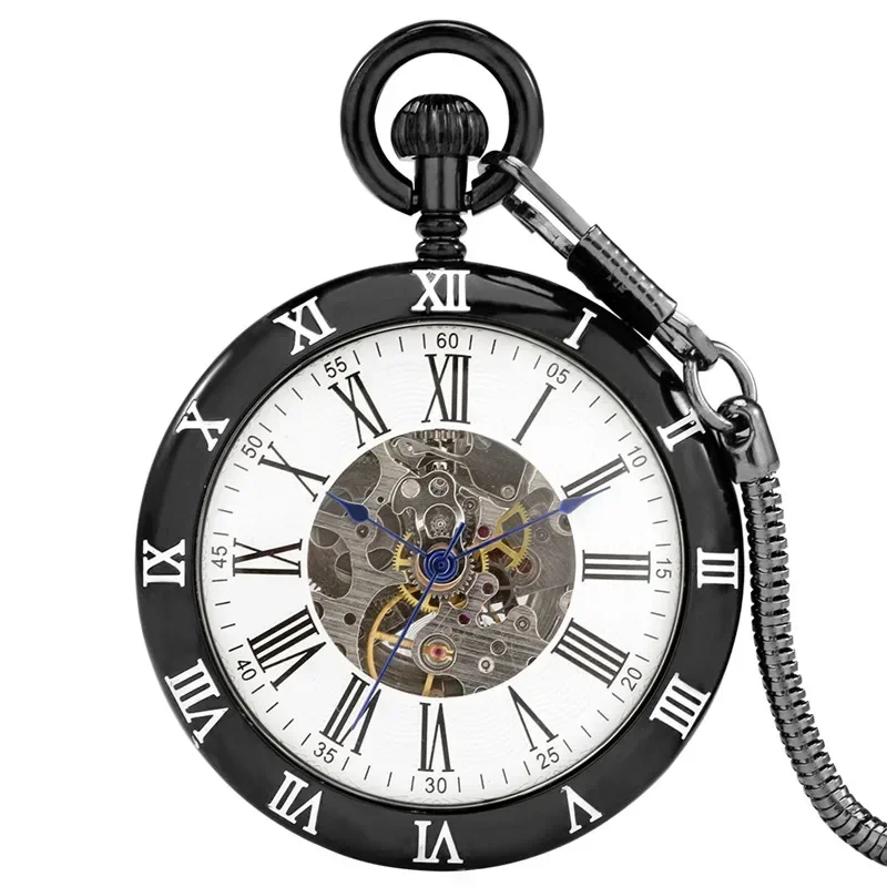 Luxury Open Face Pocket Watch Men Skeleton Automatic Mechanical Watches Roman Number Display Clock with Fob Pendant Chain Gift