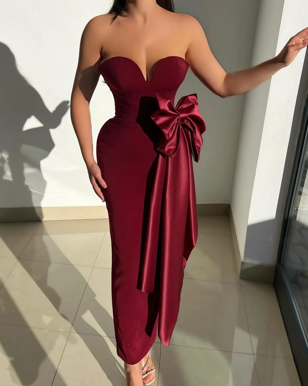 

Customized Modern Style Simple Jersey Bow Ruched Column Sweetheart Ankle Length Dresses Bespoke Occasion Dresses Sizes Available