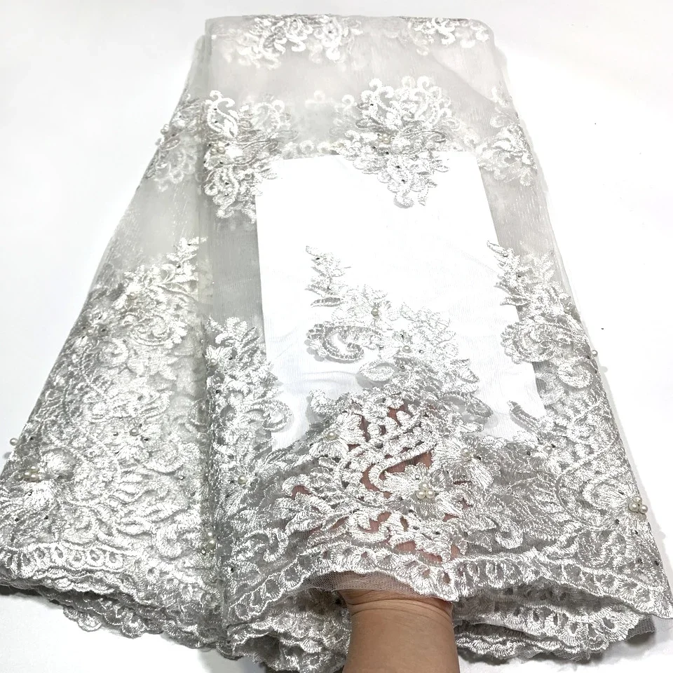 Green 3d African Lace Fabric 2024 High Quality Lace Embroidery Beads French Nigerian Lace Fabric 5 Yards for Wedding Dress L2712
