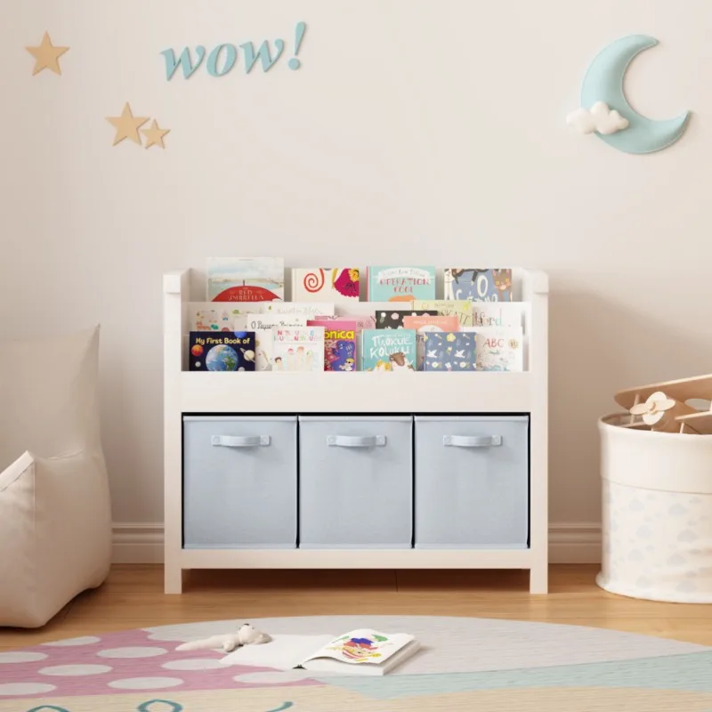 

Children's bookshelf with front storage space and fabric box wooden children's bookshelf children's book toy storage rack