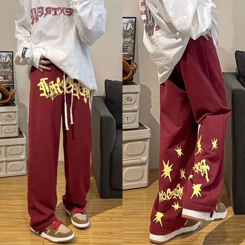 

American street vintage letter print sweatpants for men in autumn and winter trendy brand loose straight drawstring leggings y2k