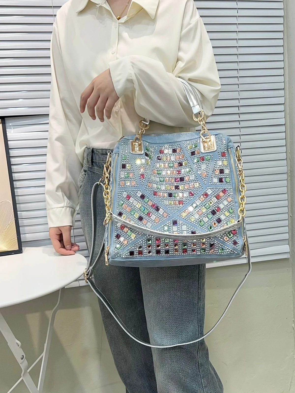 iPinee Bling Purses for Women Crystal Rhinestone Crossbody Bag Large Denim Jean Purses and Handbags