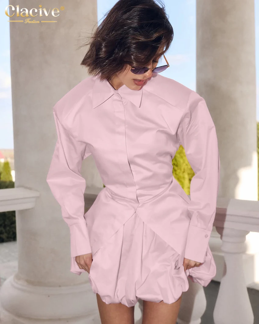 Clacive Fashion Loose Pink Cotton 2 Pieces Set Woman Elegant Long Sleeve Shirt With High Waist Pleated Mini Skirt Set Female image 3