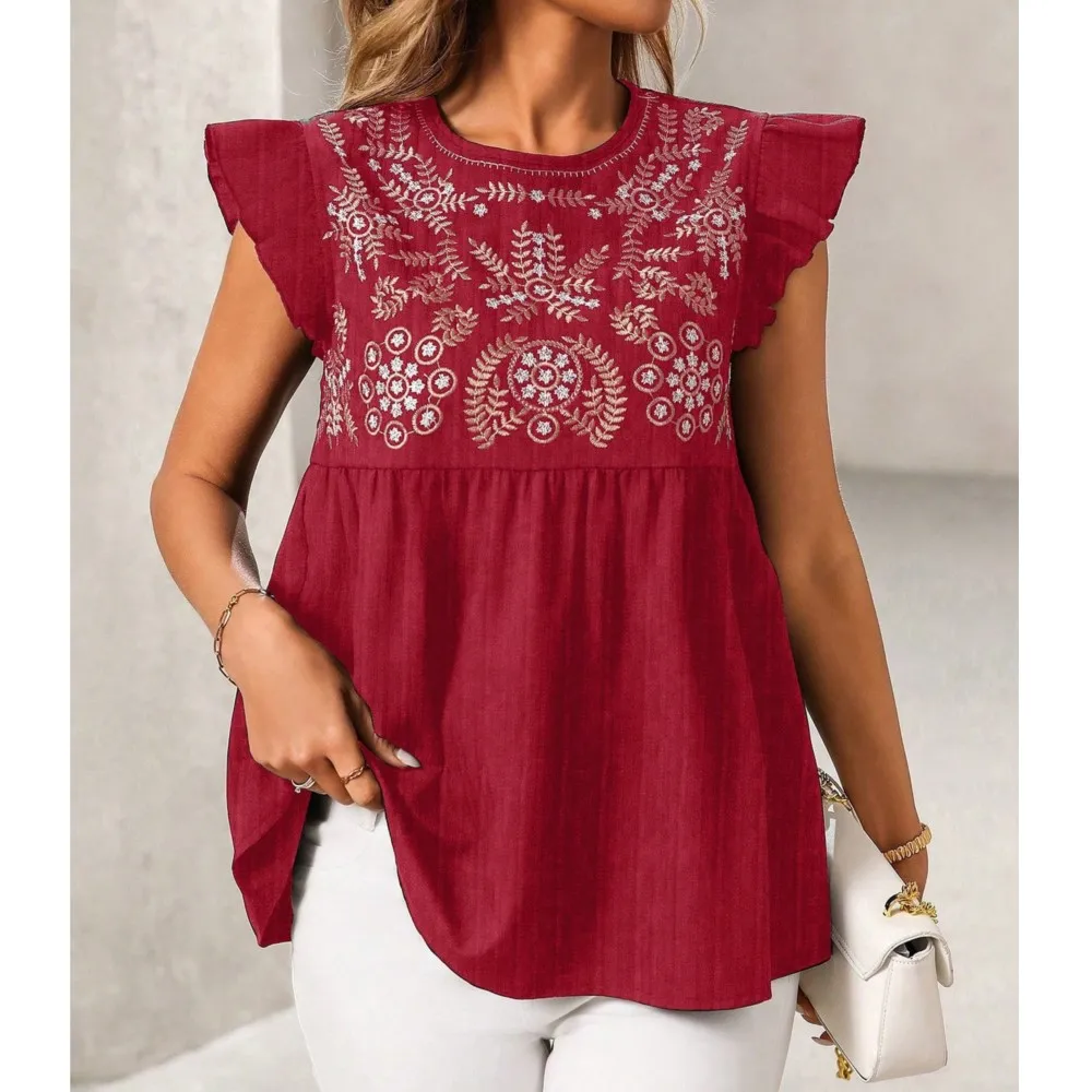 

Fashion Ethnic Style Embroidered Flying Sleeve Women's Top Summer Casual Loose Short Shirt Elegant Female Versatile Office Tops