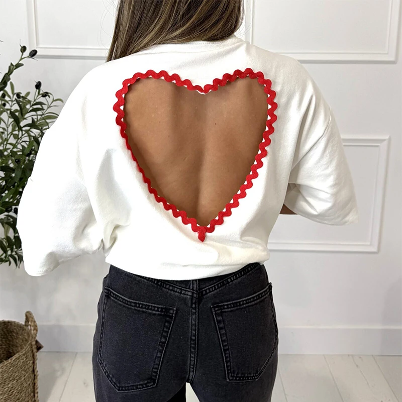 Chic Sweet T-shirt Short Sleeve Back Heart Cutout Loose Casual Top Women Summer Trendy Retro Sexy Y2k Edgy Cute Streetwear view 6