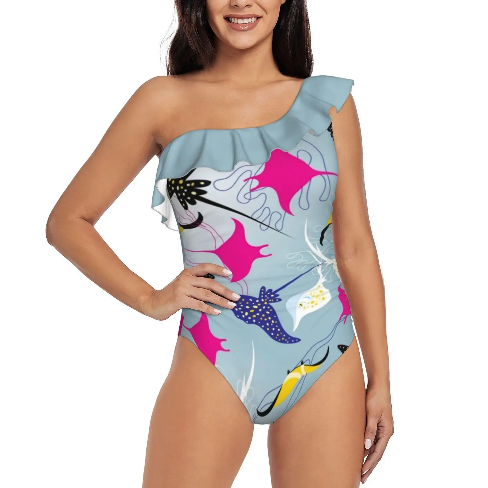 

Seamless Pattern Stingray One Shoulder Ruffle Swimsuit Print Swimwear Female One Piece Monokini Bathing Suit Background