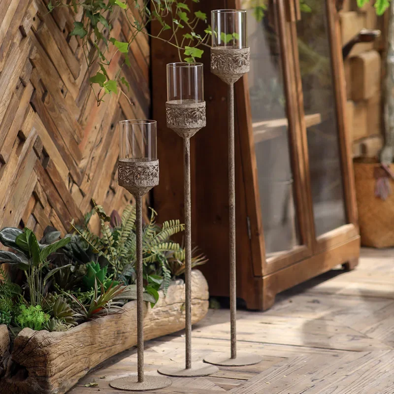 Retro American long foot floor design candlestick iron windproof atmosphere props make old style home jewelry ornaments