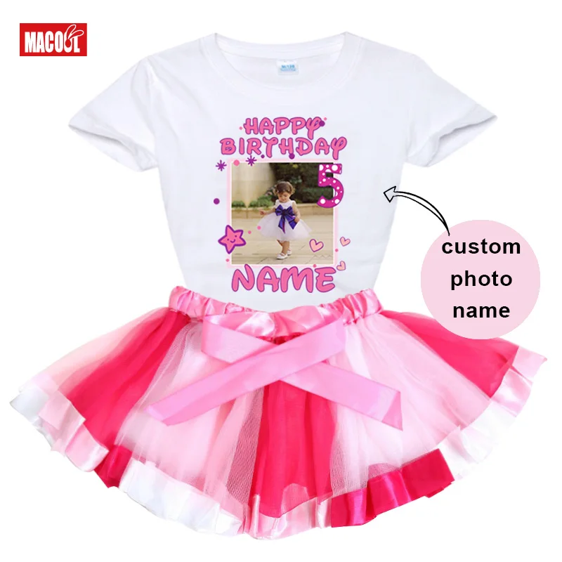 Girl Tutu Set Personalized T Shirt Photo Birthday Outfit Custom Name Shirt Girl Outfit Shirt Set Rainbow Kids Outfit Little Girl