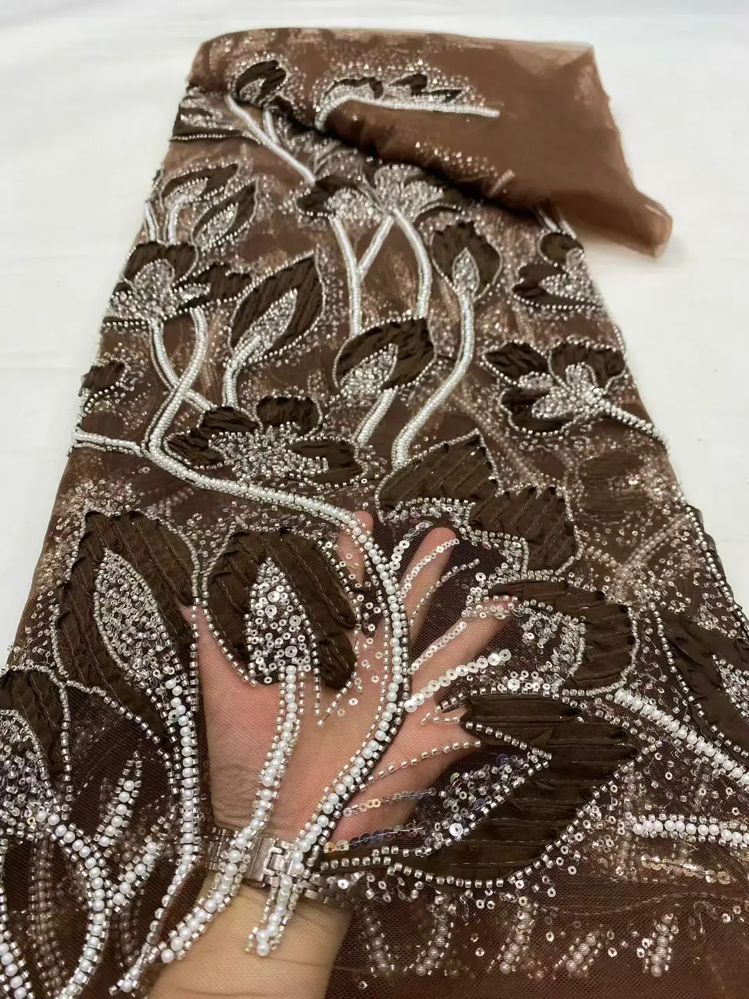 

Latest 2025 High Quality African Nigerian With Tulle Sewing Lace Fabric Guipure Embroidery Beads Dresses Sequins 5Yards DP0487