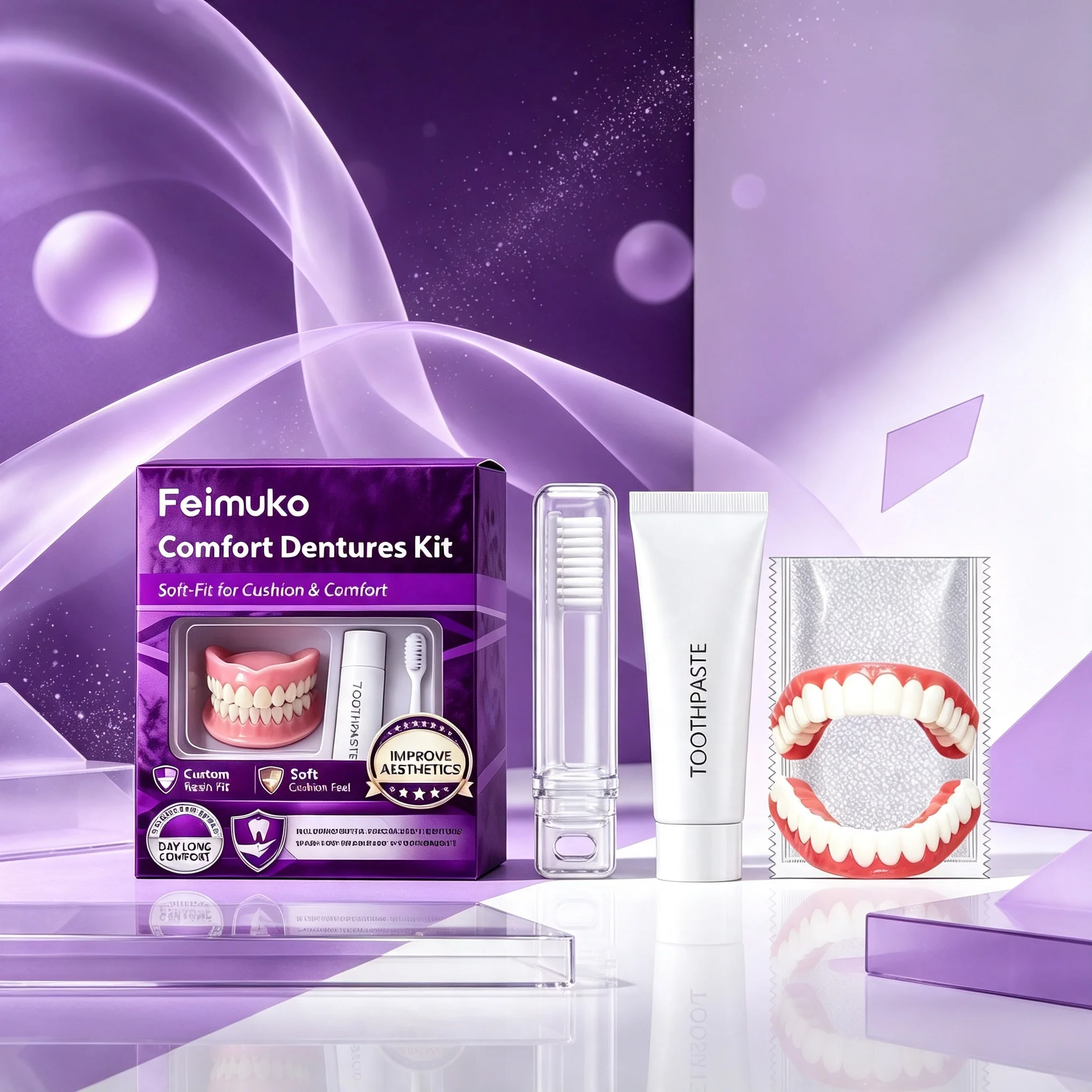 Comfort Dentures Kit Upper & Lower Dentures False Teeth Set with Toothpaste Toothbrush Confidence Smile Oral Care for Men Women