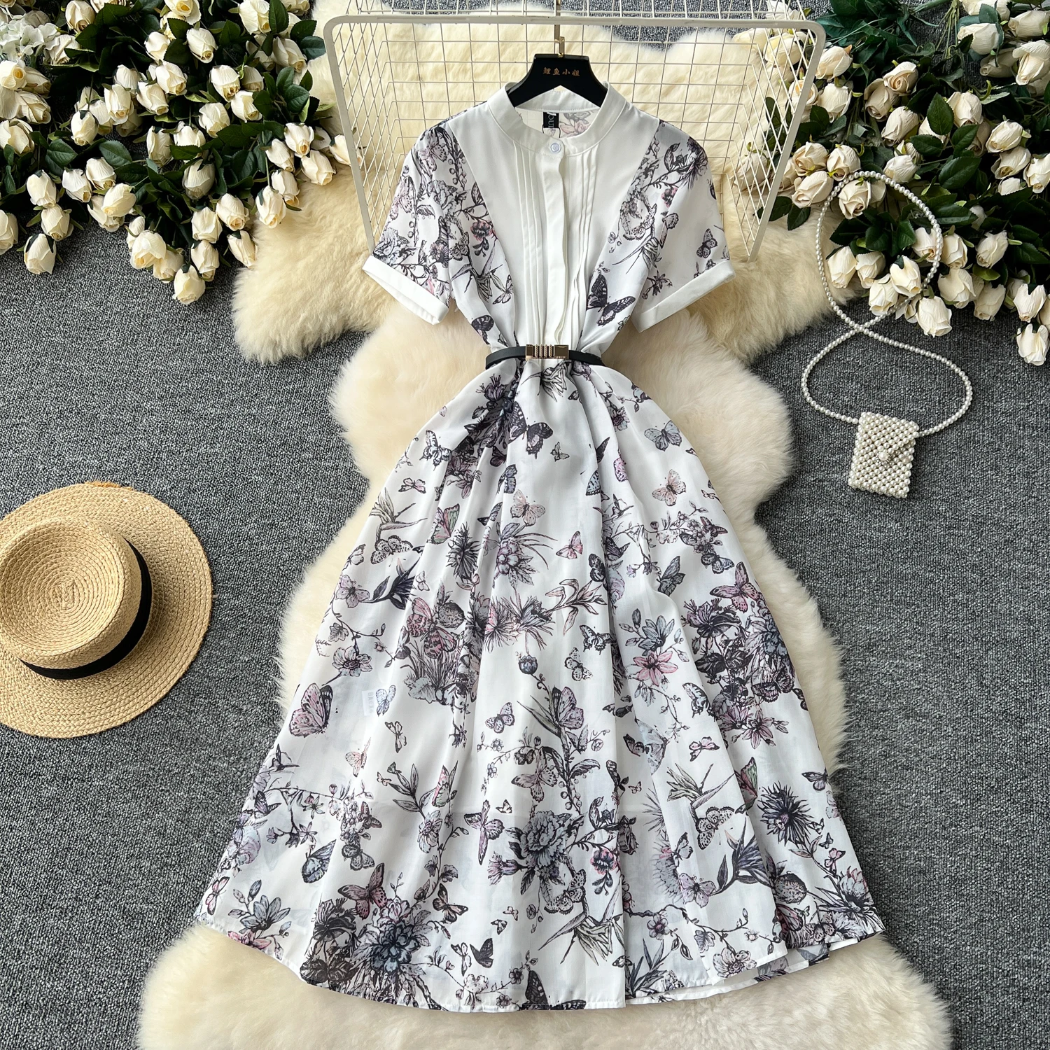 French Vintage Elegant pleated short sleeve print  Dress Vacation  Women Fashion Summer Spring Vestidos sweet dresses