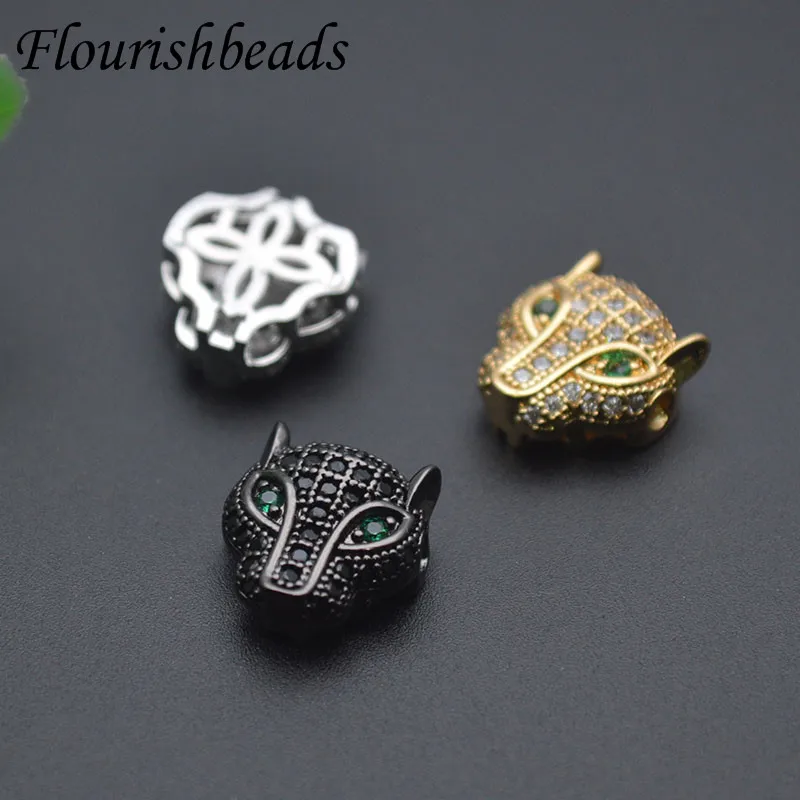 Wholesale 30pcs/lot Paved CZ Beads Leopard Head Metal Copper Animal Loose Beads Decora Charms for DIY Jewelry Making Parts