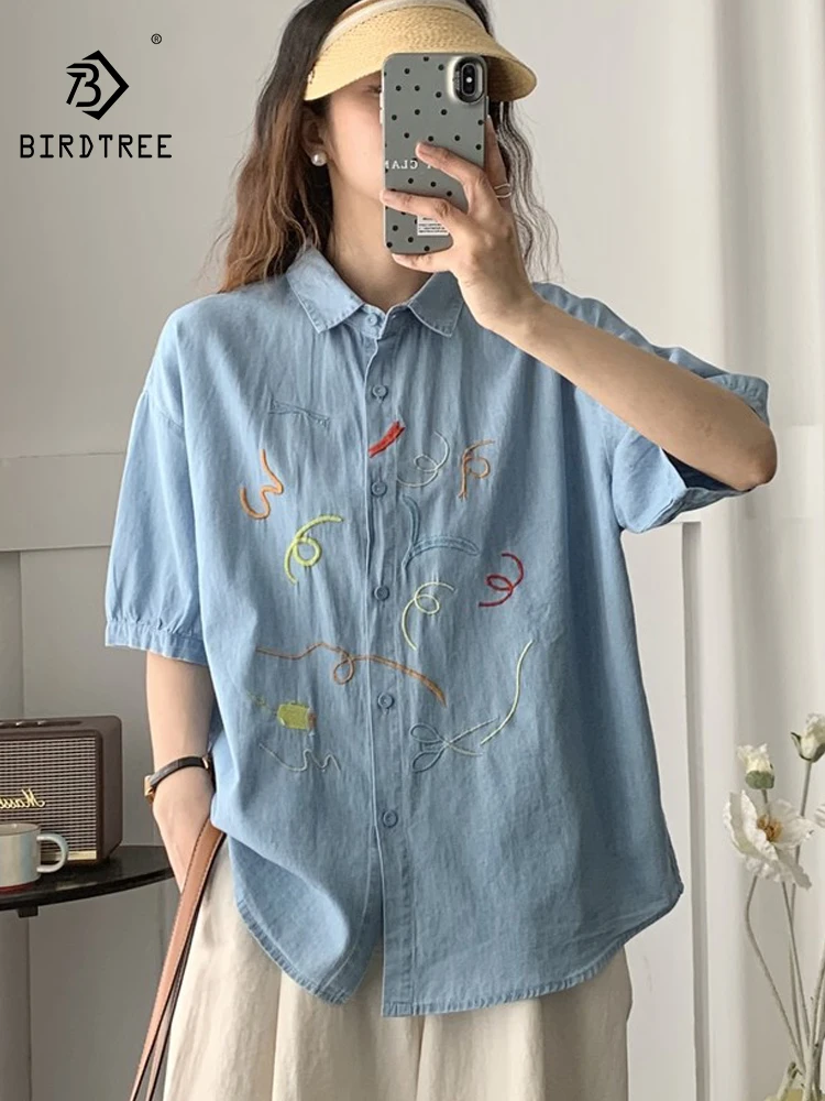 

Новая женская джинсовая рубашка с коротким рукавом на лето 2026, с отложным воротником и вышивкой, в стиле Mori Girl, повседневная свободная блузка в стиле преппи T64422CC