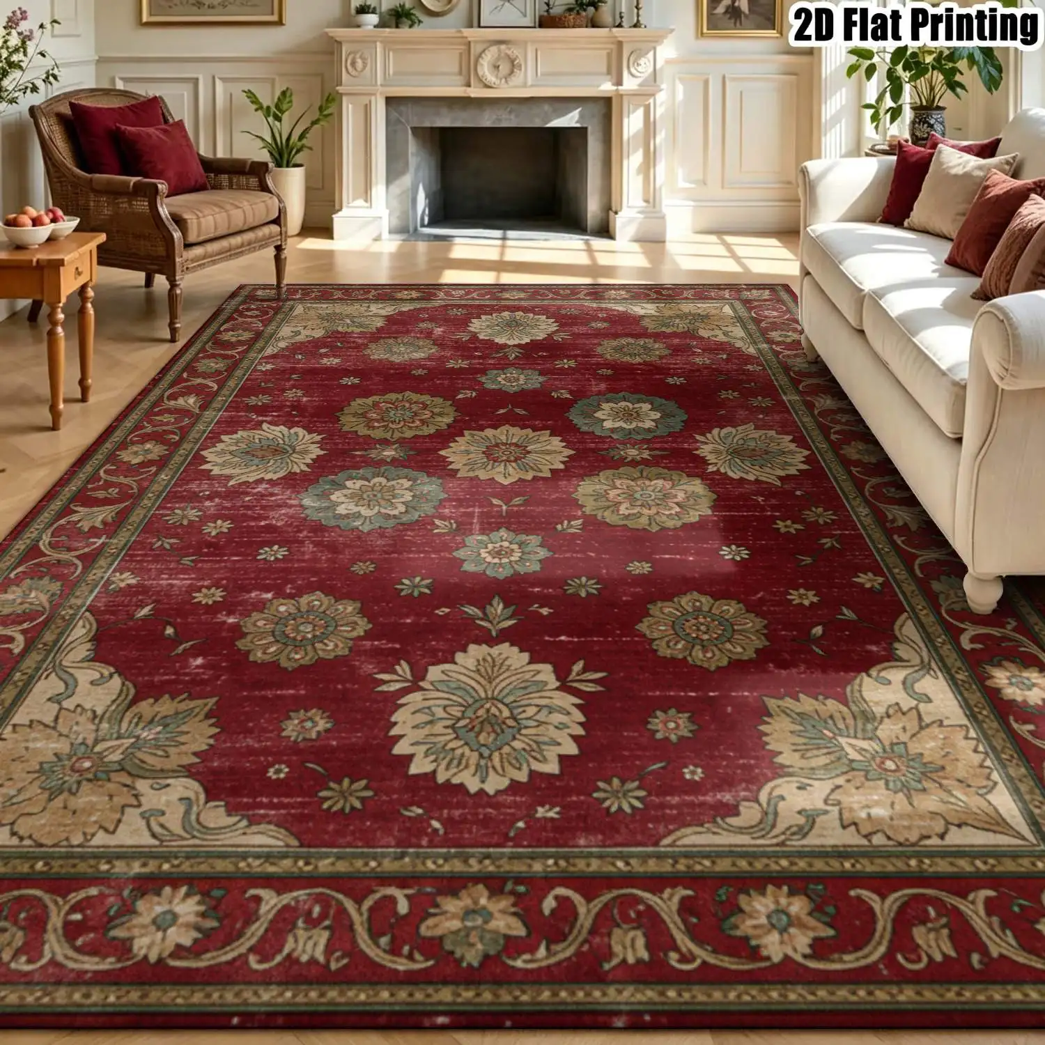 1Pc 2D Printed Red Floral Vintage European Carpet, Home Decor, Machine Washable, Multi-Size, for Entrance, Dining, Foyer, Living Room, Bedroom