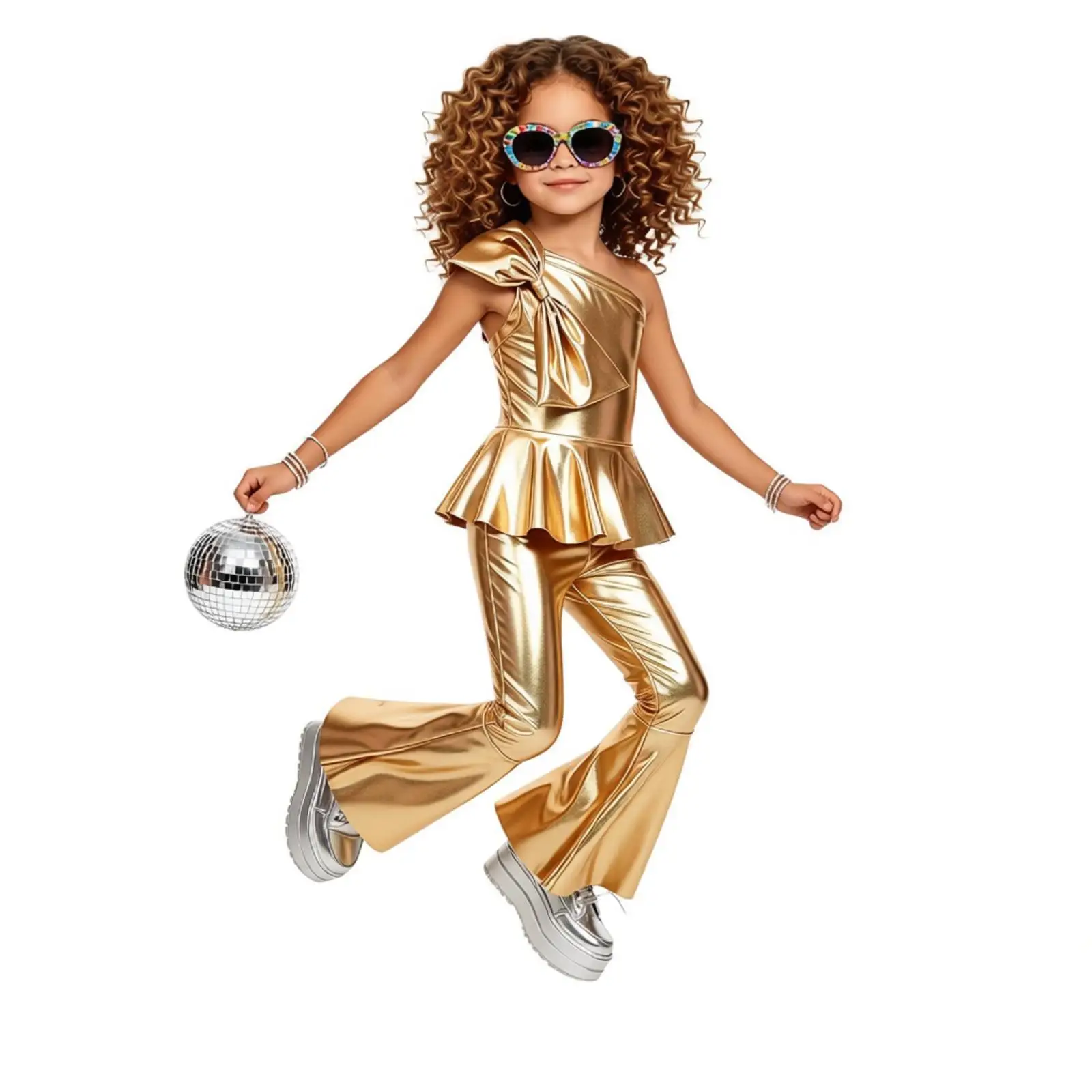 

Kids Girls Jazz Disco Hippie Dance Costume Metallic Flared Pants Jumpsuit Bowtie Decor Ruffle Romper Stage Performance Outfits