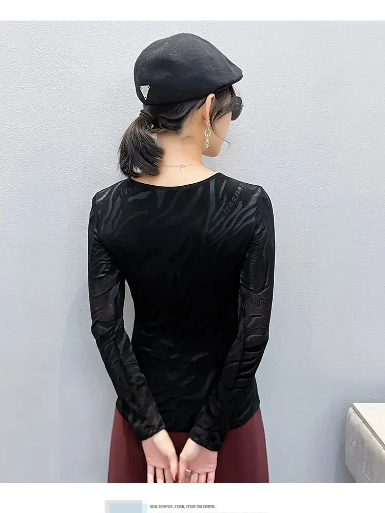 Trendy 2026 Spring Summer Women's Top Sheer Mesh with Bling Crystals, Hollow Out Round Neck Long Sleeve Slim Fit Chic T-shirt
