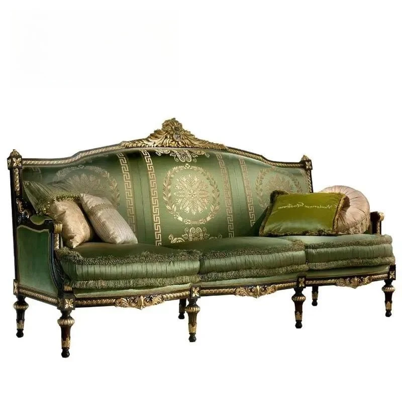 Classic Solid Wood Sofa Set Green Upholstered Seat Luxury Royal Style Interior Living Room Furniture Home Decor Dofa