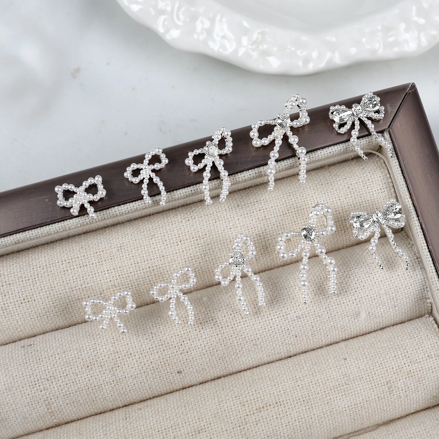 ‌5PCS 3D Pearl Inlaid Zircon Ribbon Bow Nail Charms Accessories Sparkly Fairy Style Decor For DIY Nails Art Decoration Manicure