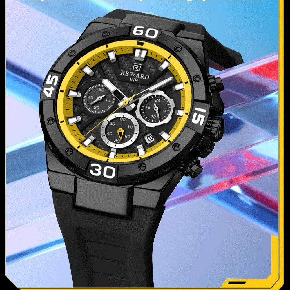 

REWARD 83965 Fashion Men's Watch Quartz Casual Silicone Strap Automatic Date Waterproof Night Light Chronograph Watches for Man