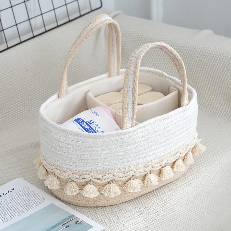 Diaper Caddy Organizer,Stylish Nursery Storage Basket,Baby Shower Basket with Tassel Decorative Appearance,Storage Basket forFam