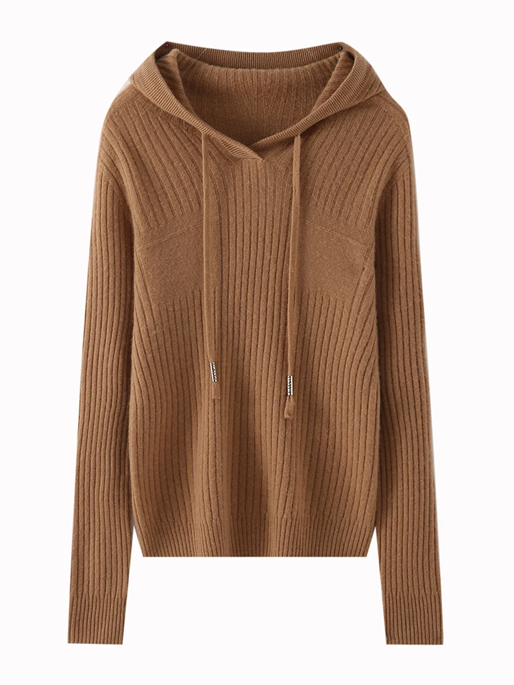 

Women 100% Cashmere Sweater Autumn Winter Hooded Long Sleeve Lace up Pullover Cashmere Knitwear Simple Casual Style Clothing Top