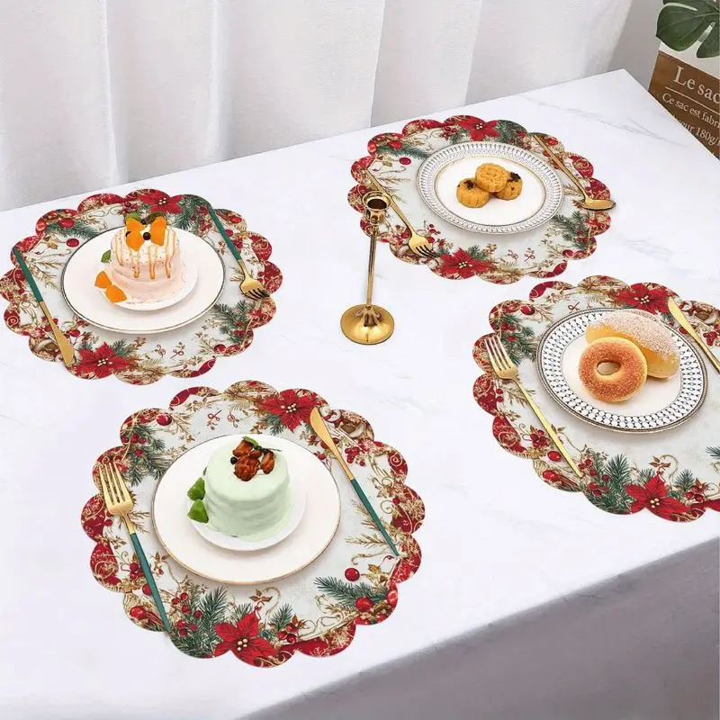 VIKAMA Ornate Scroll Poinsettia Evergreen Placemat White Backdrop Scalloped Edge Red Blossom Golden Holly Berry Xmas Table Mat