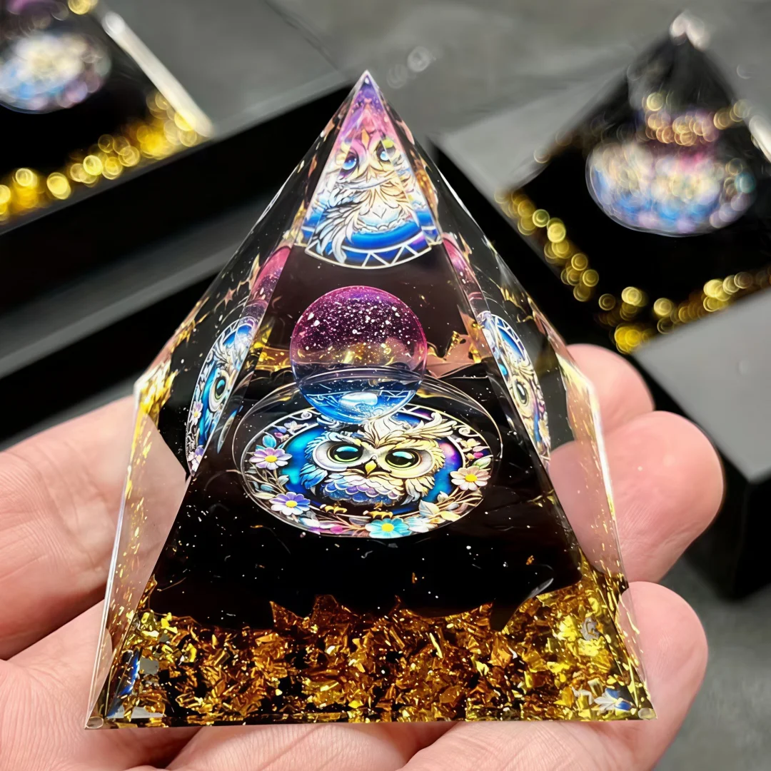 1pc Owl Orgone Pyramid with Obsidian and Golden Foil, Home Decor for Wealth and Good Luck, the Perfect Gift
