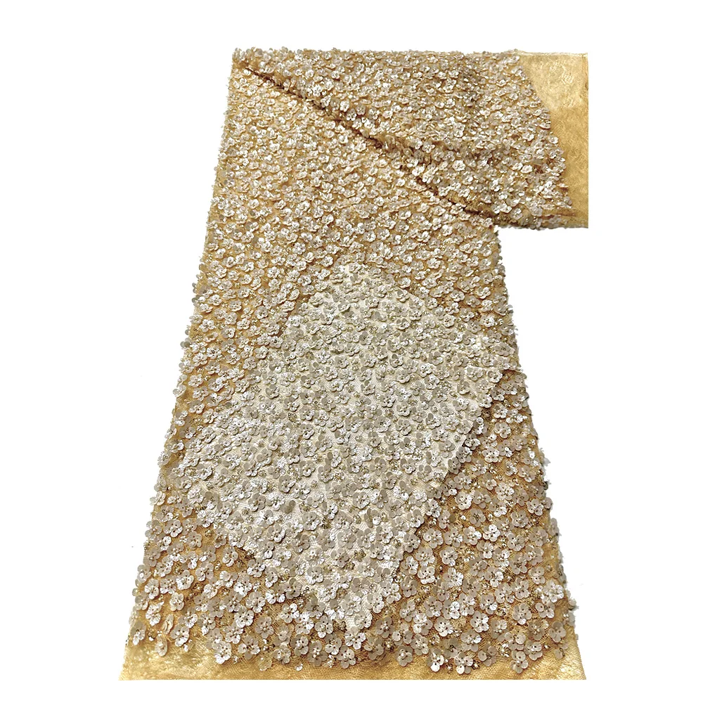 

2025 African Luxury sequined embroidered beaded Lace Fabric Nigerian beaded lace tulle Fabric wedding party dress sewing