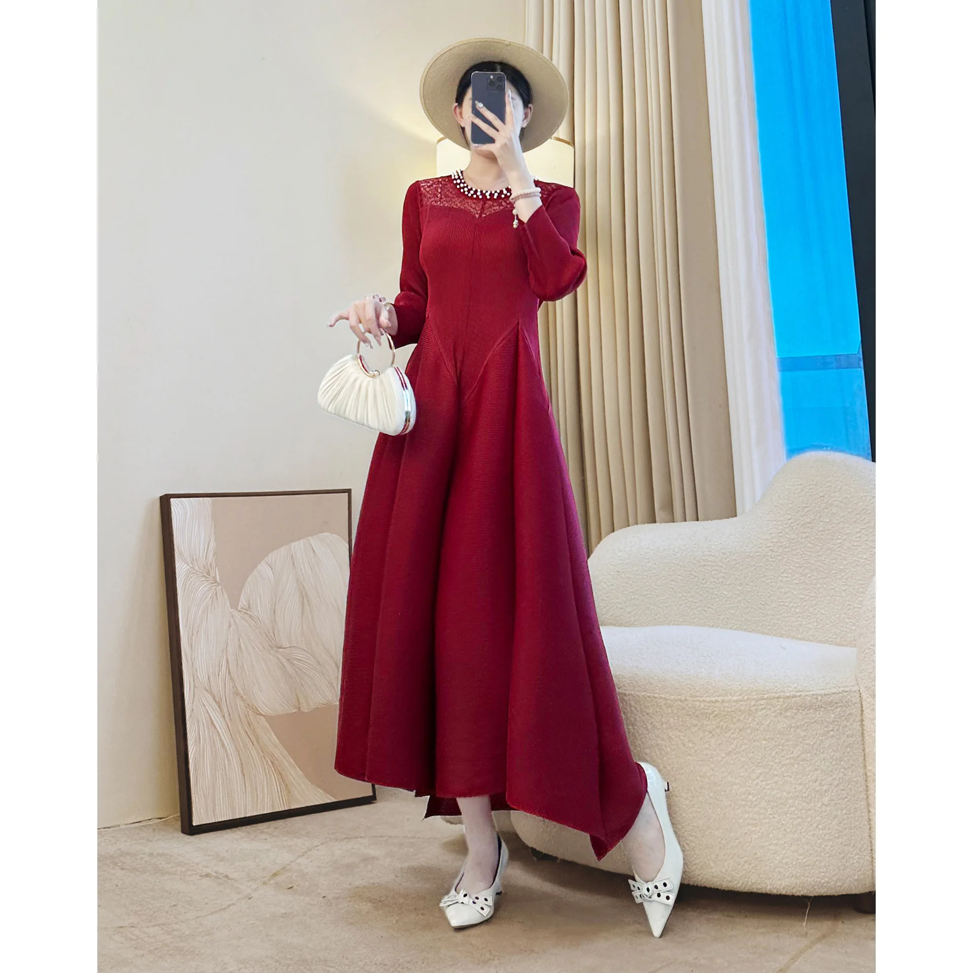 خريف جديد ريترو أنيق مرصع بالألماس فستان كاجوال للسيدات مصنع الجملة فستان مطوي #4