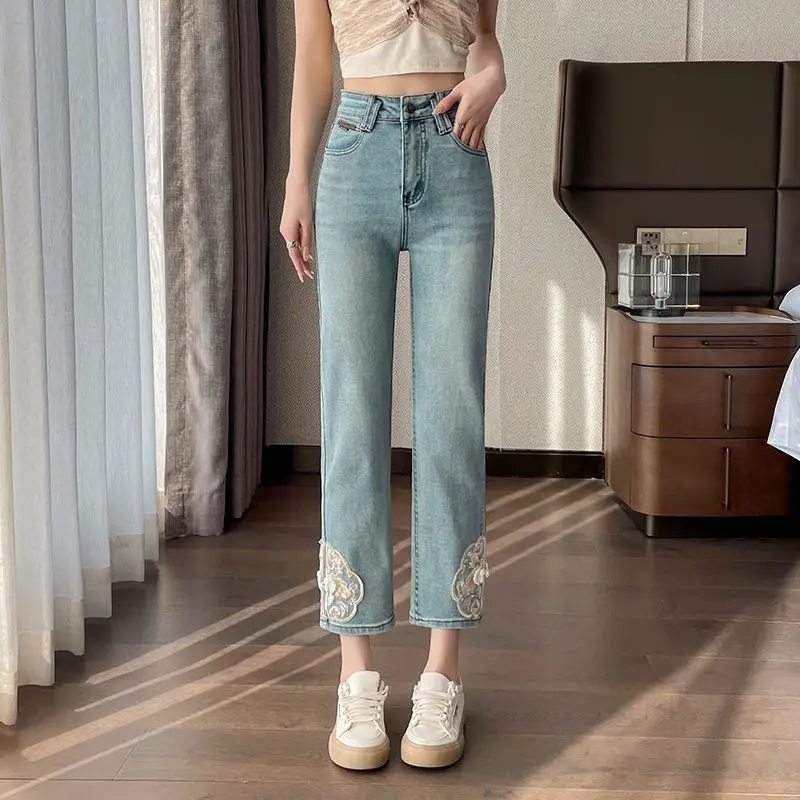 

Spring Autumn Women's Clothing Solid Color Embroidered Pockets Button Zipper Straight Jeans Korean Fashion Trousers Pants