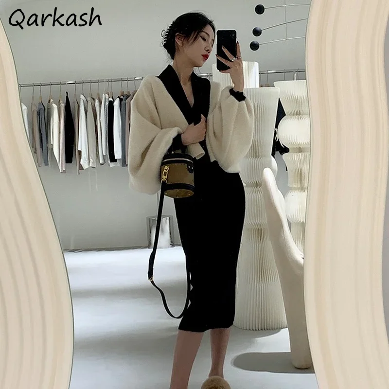 

Комплекты для женщин, темпераментная мода, весна-осень, комплект из двух предметов, однобортный вязаный кардиган с v-образным вырезом Ins Ulzzang и простое платье