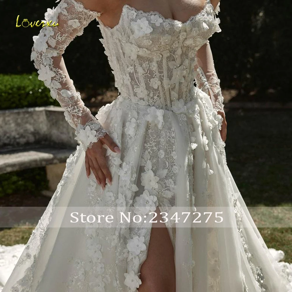 Loverxu A-lijn Delicate Trouwjurken Strapless Uit De Schouder Vestido De Novia Kant 3D Bloemen Custom Made Bruidsjurk