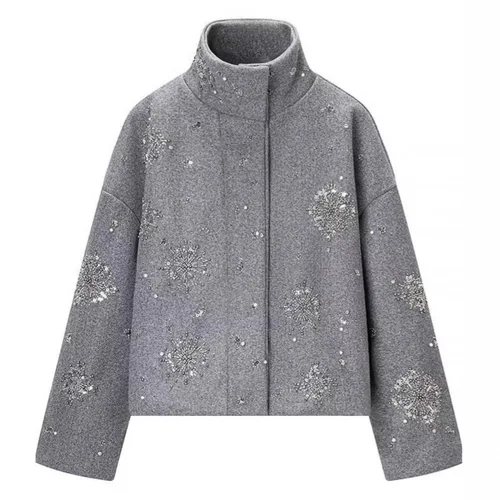 Imagen 2 del producto Chaqueta Casual Bordada KIDCRKJ para Mujer, Estilo Urbano, Cuello Solapa, Manga Murciélago, Mezcla de Lana, Nueva Colección Primavera 2026