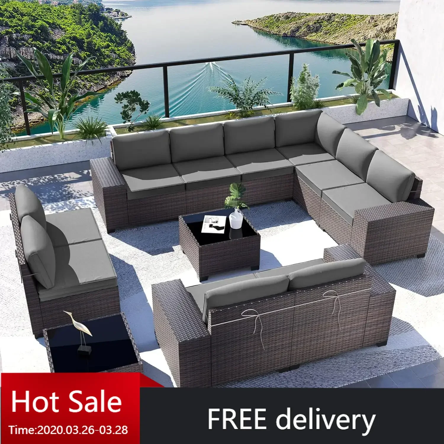 12PCS Outdoor Patio Furniture Set PE Wicker Rattan Sectional Sofa Patio Conversation Sets,Grey