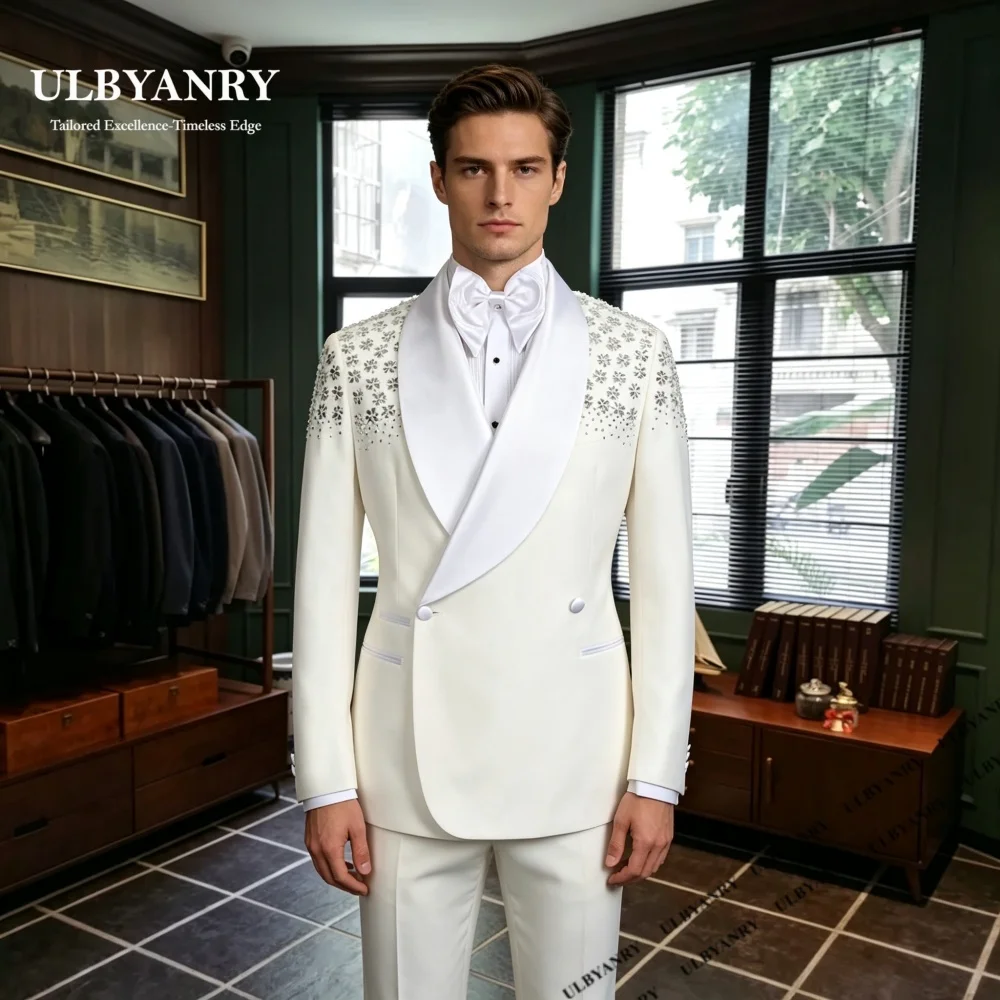 ULBYANRY Men's Luxury Wedding Suit Double-Button Slim Fitting Groom Suits Crystals Rhinestones Tailored Tuxedo Jacket Pants