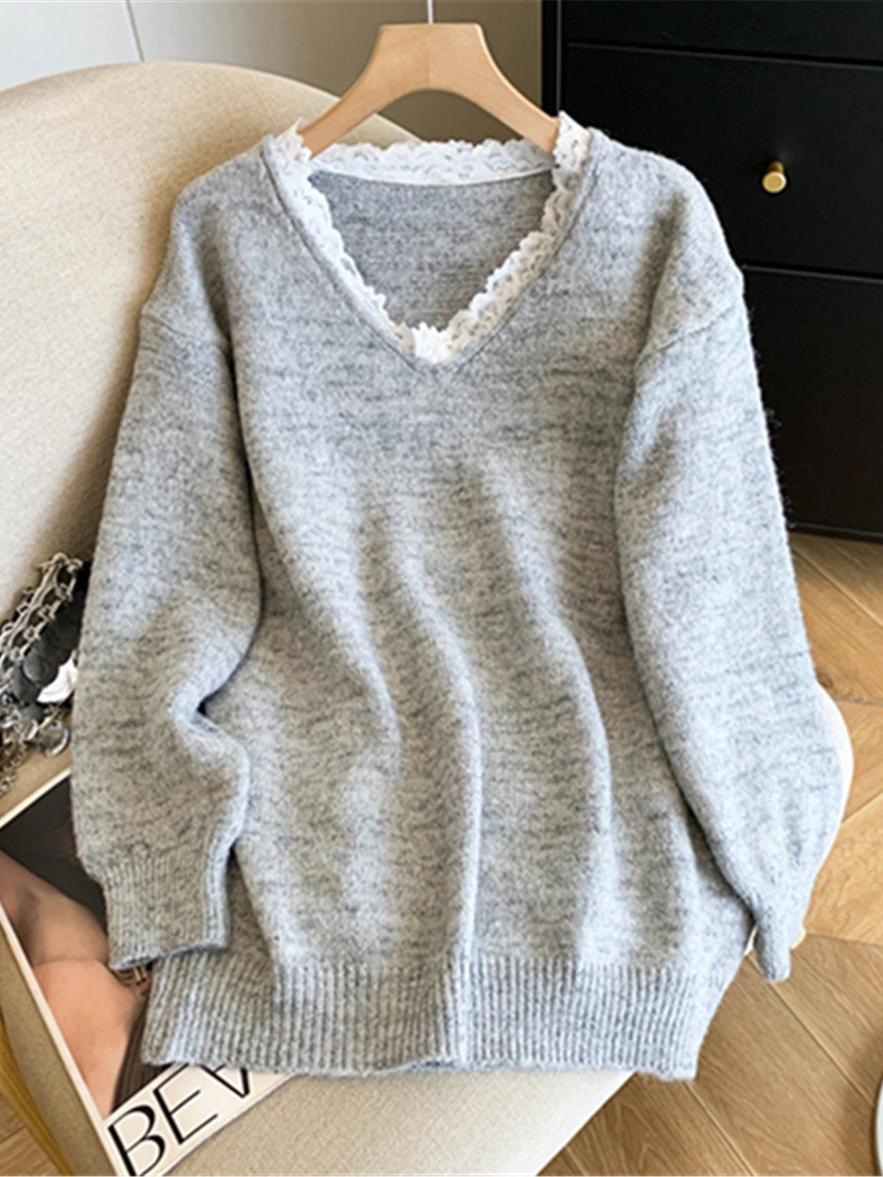 

Lace Splice V-Ne Knitted Sweater Korean Sle Women's Faion Early Autumn Lazy Sle Color Georgette Material